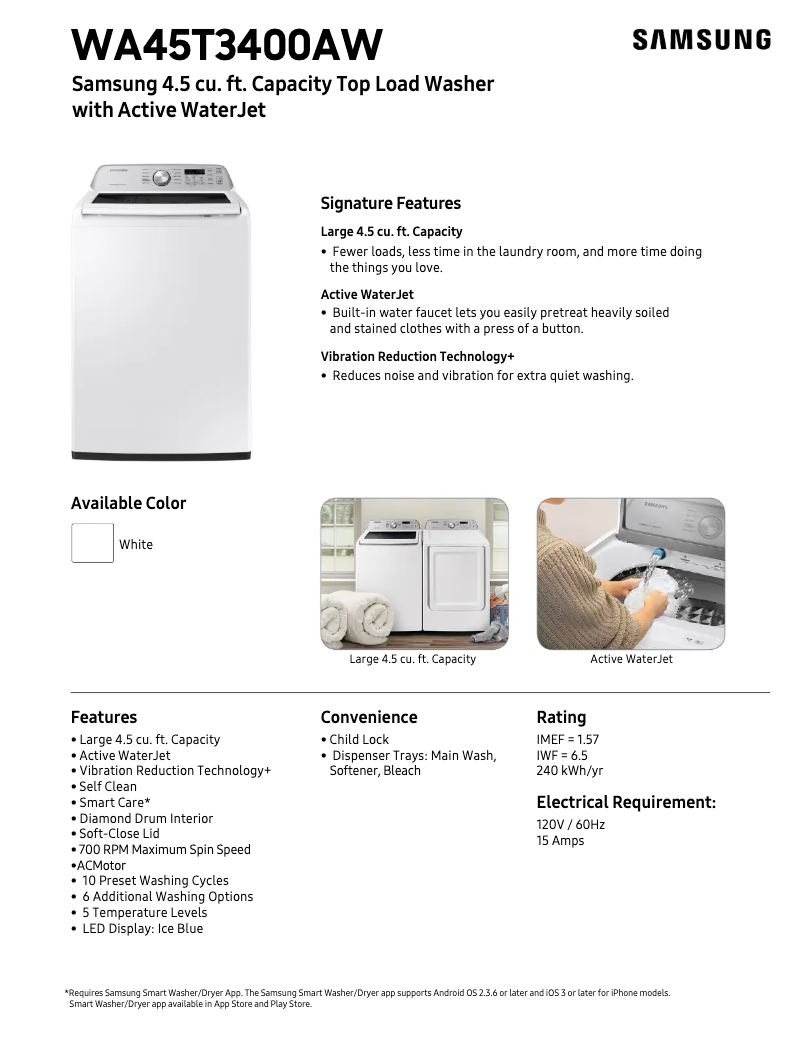Page 1 of the manual Technical Sheet Samsung WA45T3400AW