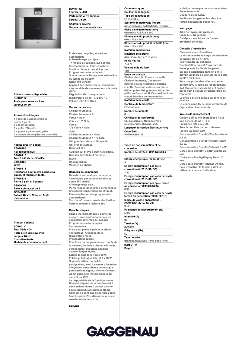 Page 1 de la notice Fiche technique Gaggenau BO481112