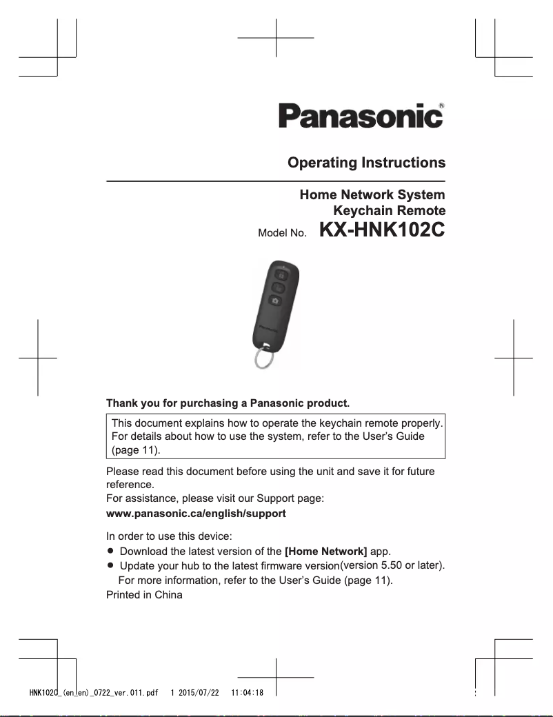 First page image of the manual for KX-HNK102