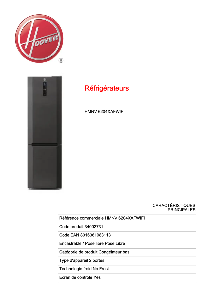 Page 1 of the manual Technical Sheet Hoover HMNV 6204XAFWIFI