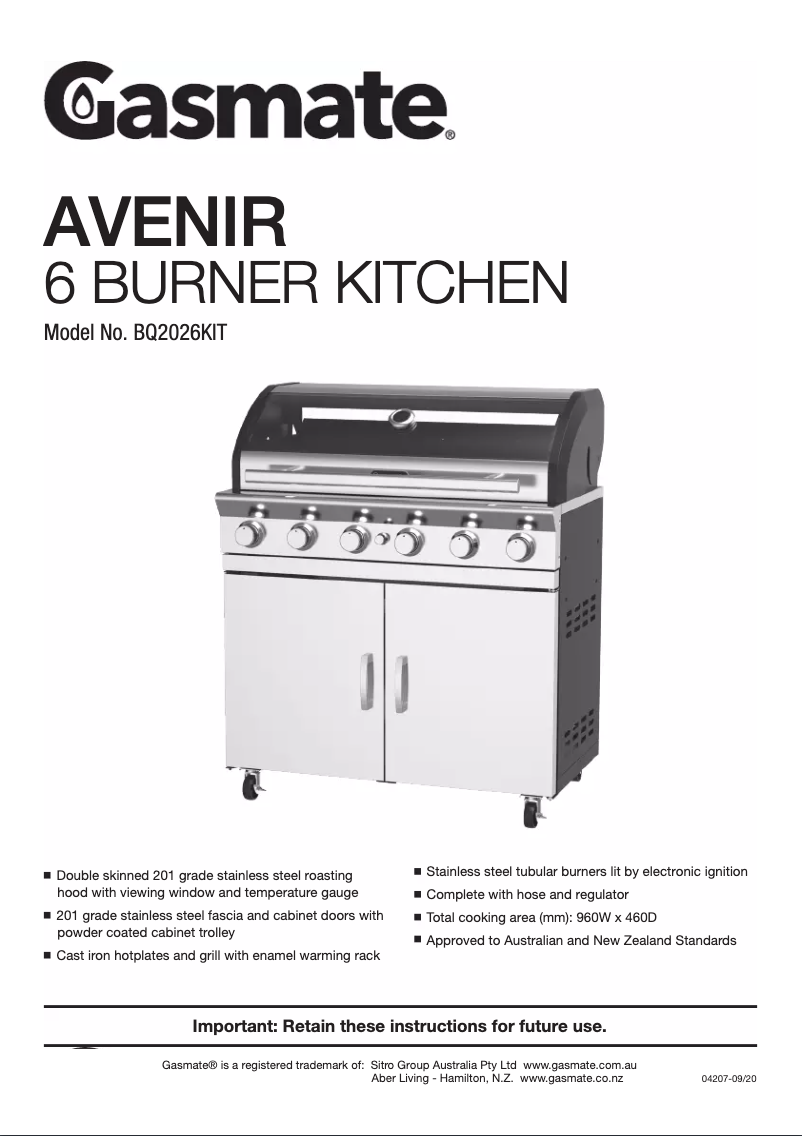 Page 1 of the manual User Manual Gasmate Avenir BQ2026KIT