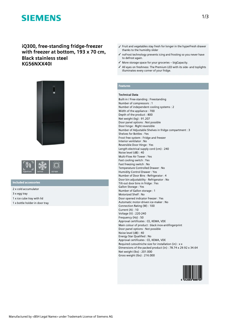 First page image of the manual for KG56NXX40I