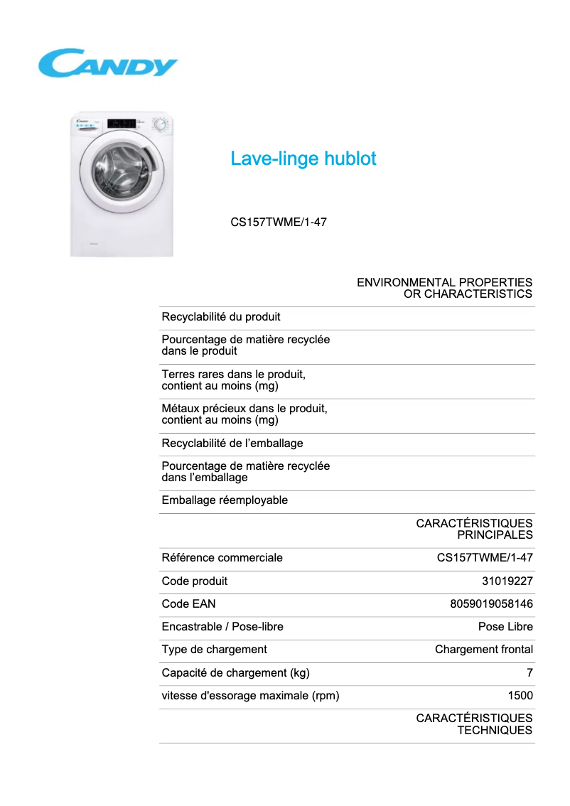 Page 1 of the manual Technical Sheet Candy CS157TWME/1-47