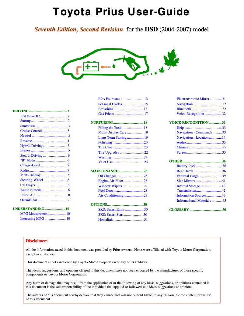 Page 1 of the manual User Manual Toyota Prius HSD (2007)