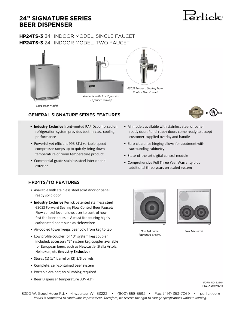 Page 1 of the manual Technical Sheet Perlick Signature Series HP24T-S3-2L1