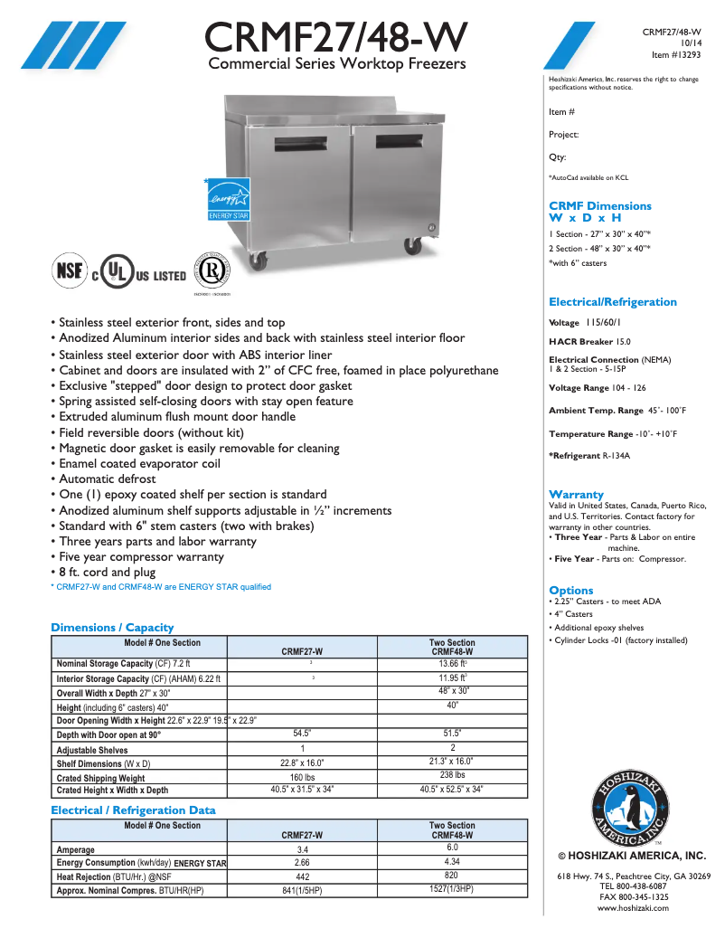 Page 1 of the manual Technical Sheet Hoshizaki CRMF48-W
