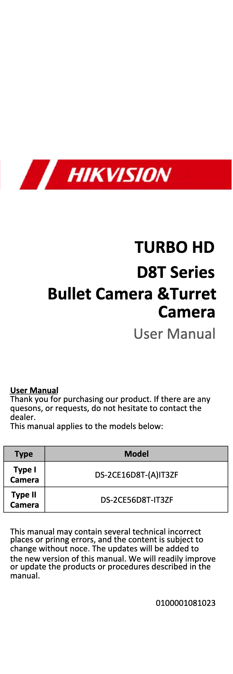 Page 1 of the manual Instruction Manual Hikvision DS-2CE16D8T-IT3ZF