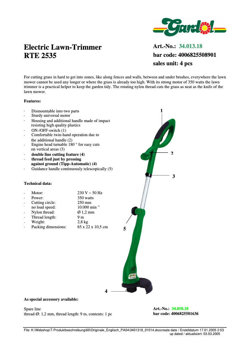 Page 1 of the manual Technical Sheet Hurricane HRT 35