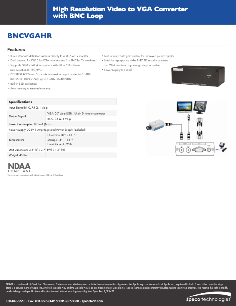 Page 1 of the manual Technical Sheet Speco Technologies BNCVGAHR