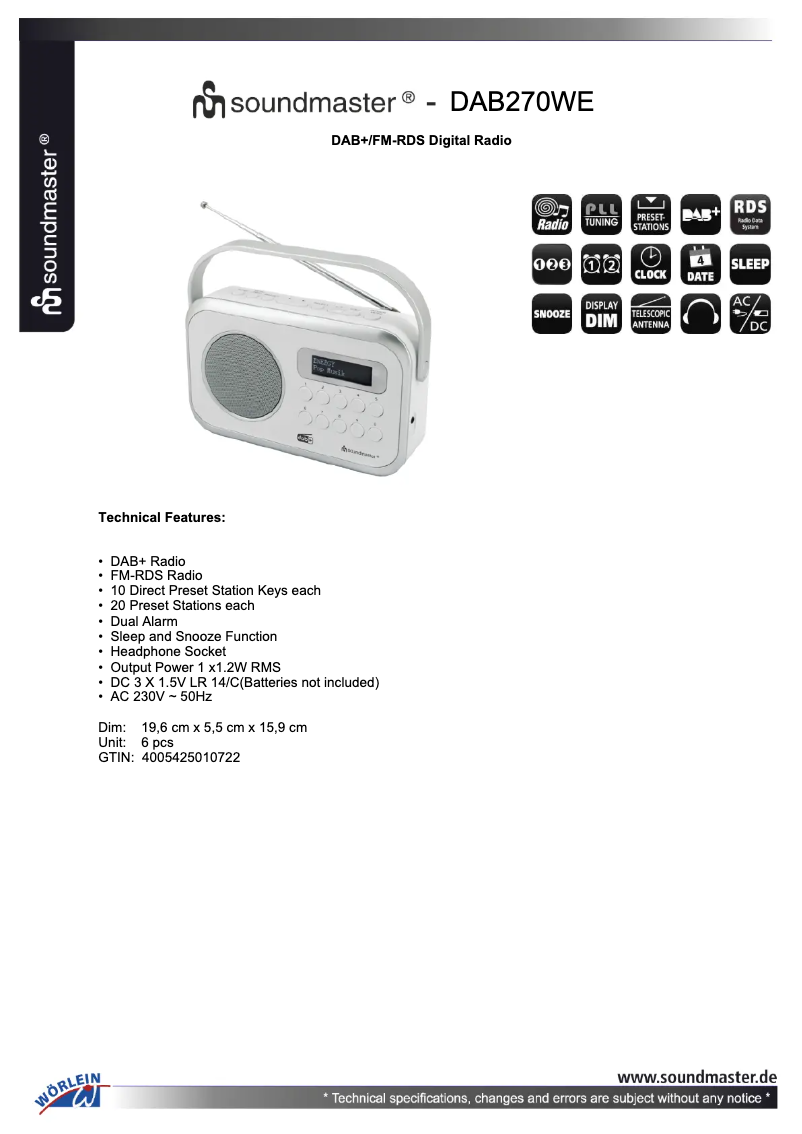 Page 1 of the manual Technical Sheet Soundmaster DAB270