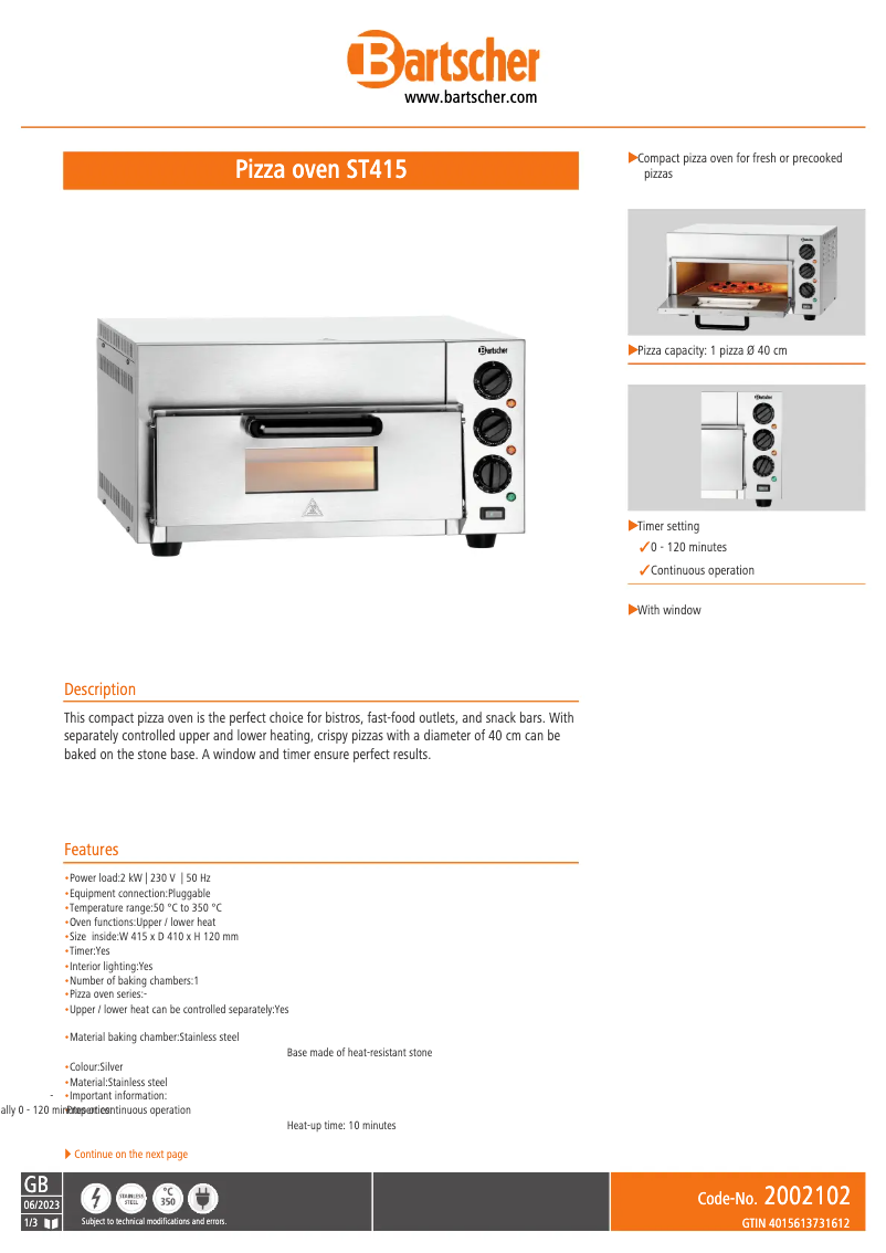 Page 1 of the manual Technical Sheet Bartscher ST415
