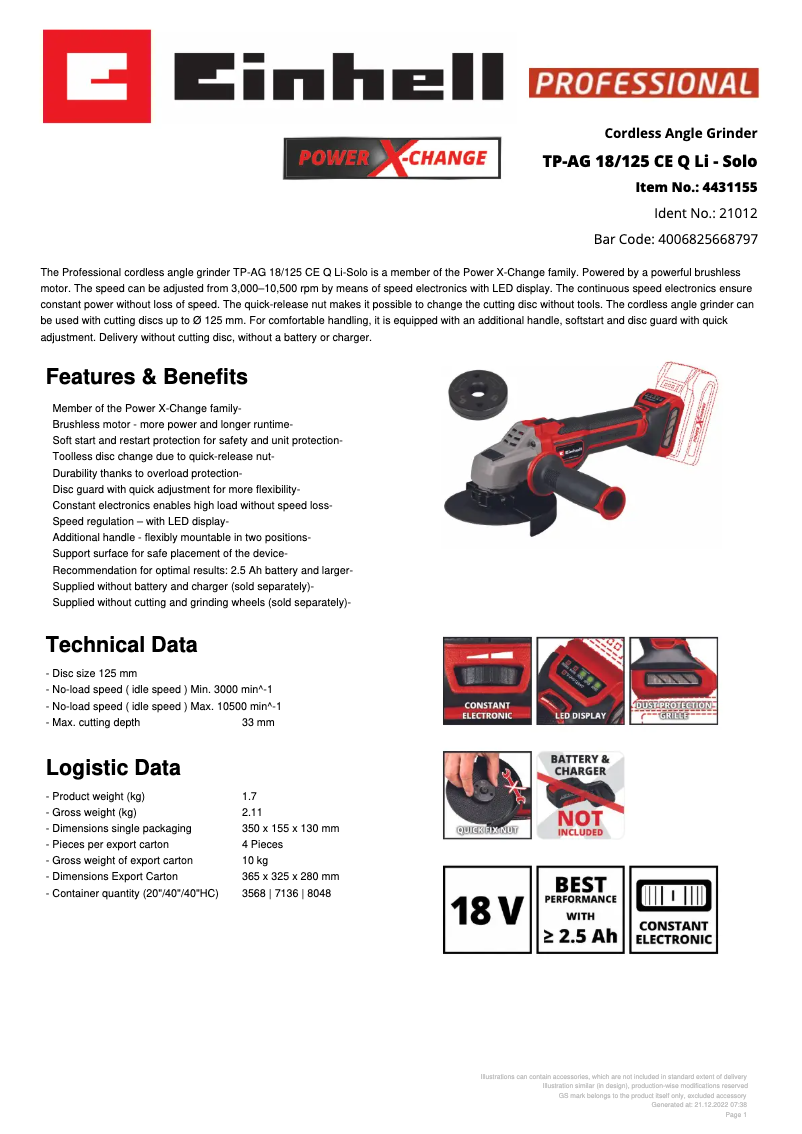 First page image of the manual for TP-AG 18/125 CE Q Li