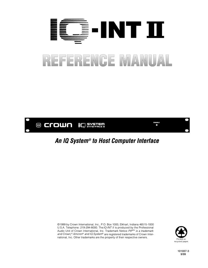 Page 1 of the manual User Manual Crown IQ System Interface II