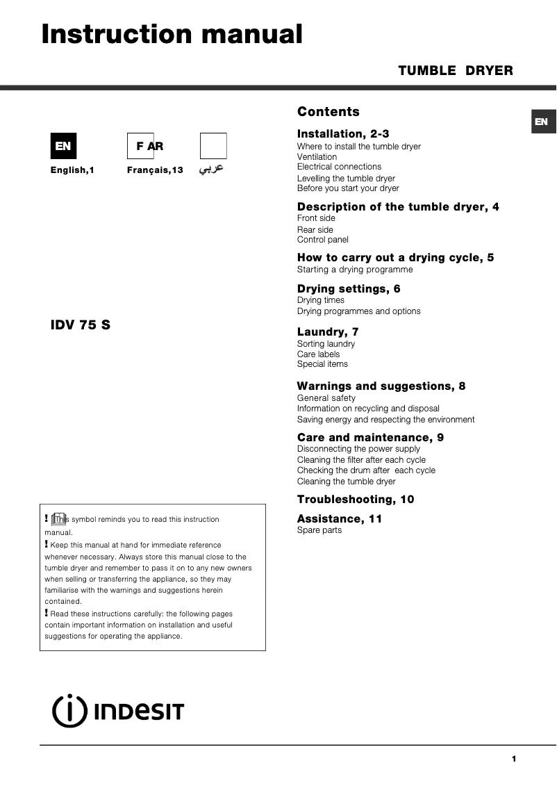 First page image of the manual for IDV 75 (EX)