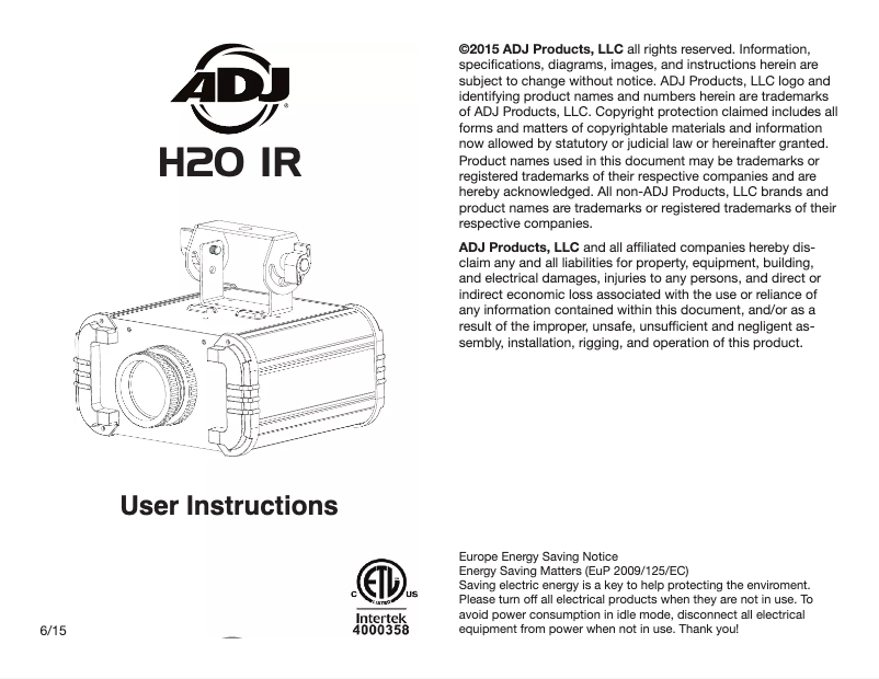 Page 1 of the manual User Manual American DJ H2O IR