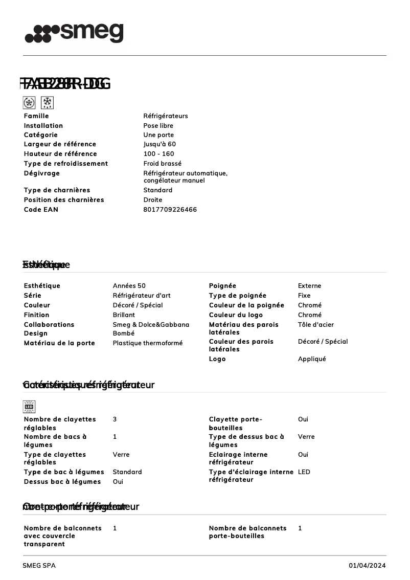 Page 1 of the manual Technical Sheet Smeg FAB28R