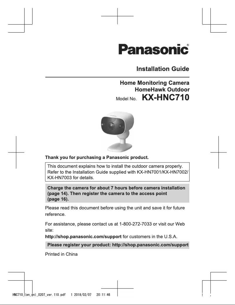 First page image of the manual for KX-HNC710