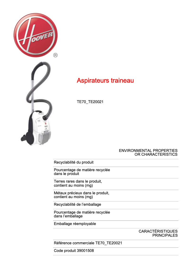 Page 1 of the manual Technical Sheet Hoover TE70_TE20021