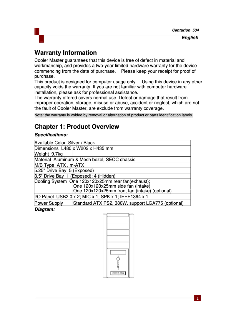 Page 1 of the manual User Manual Cooler Master Centurion 534 +Plus