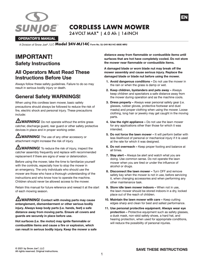 Page 1 of the manual User Manual Sun Joe 24V-MJ14C