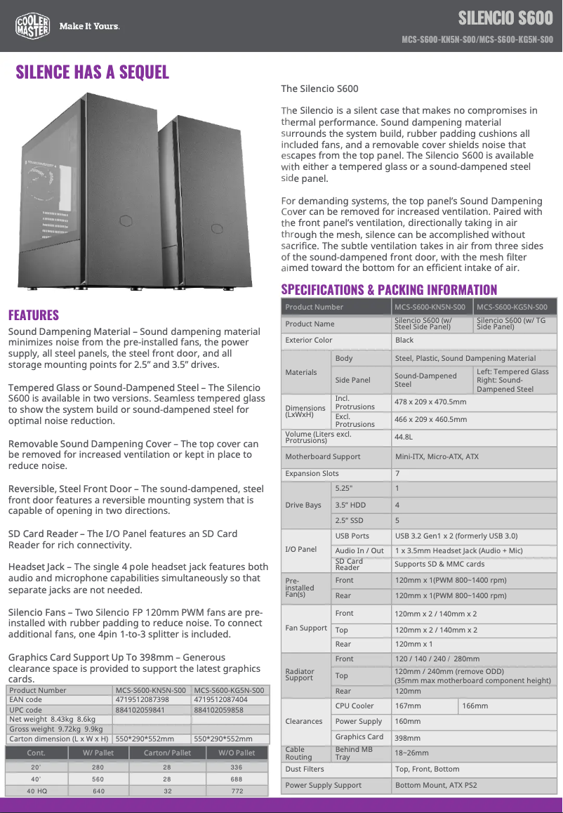 Page 1 of the manual Technical Sheet Cooler Master Silencio S600