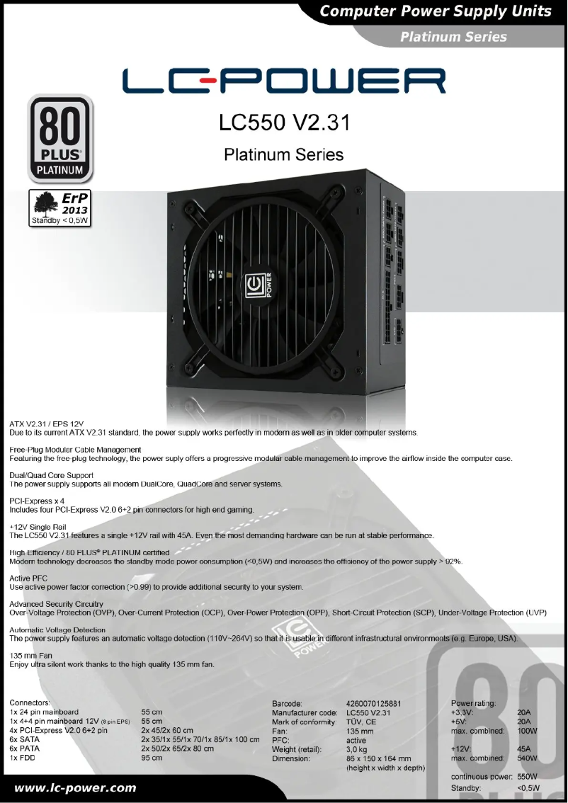 Page 1 of the manual Technical Sheet LC-Power LC550 V2.31