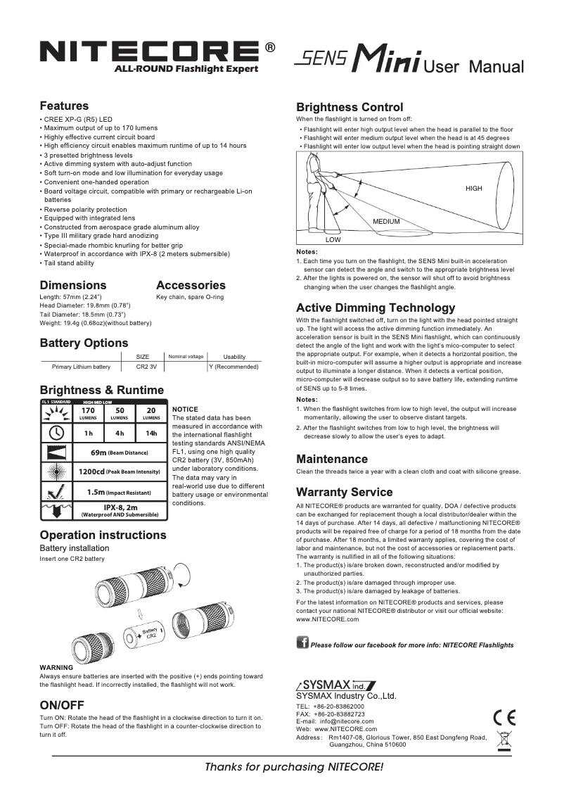Page 1 of the manual User Manual Nitecore SENS Mini