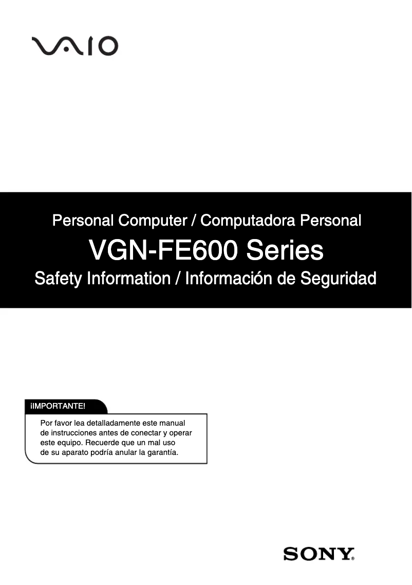 First page image of the manual for Vaio VGN-FE680G