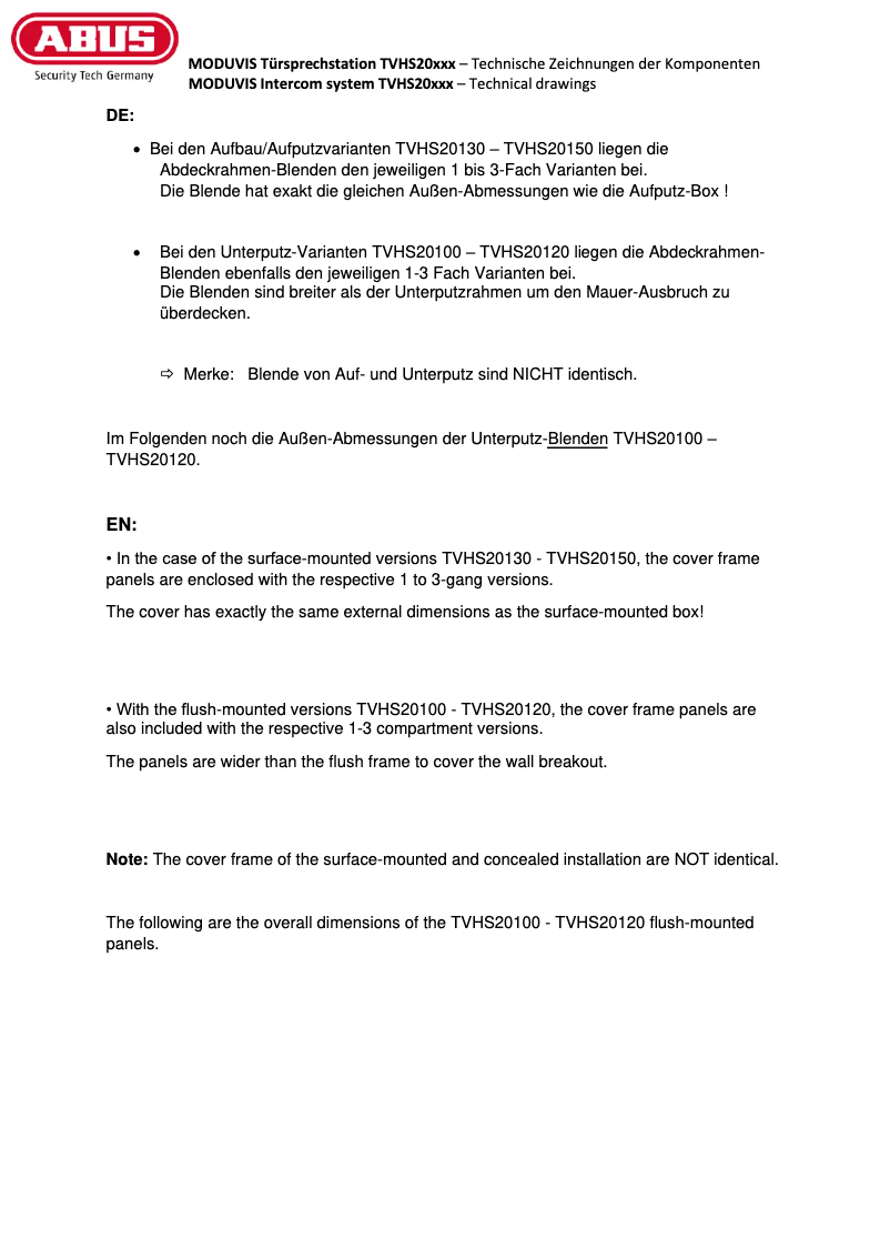 Page 1 de la notice Dessin technique Abus TVHS20010