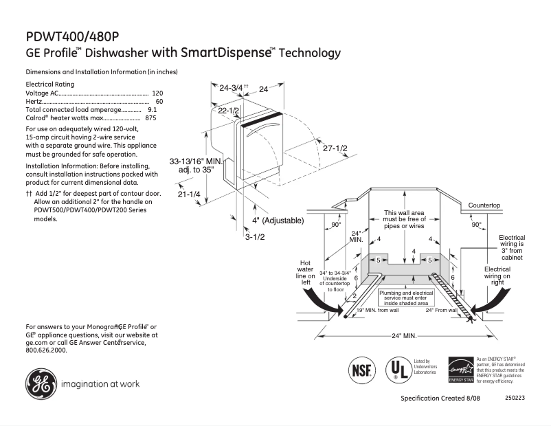 Page 1 of the manual Technical Sheet GE Profile PDWT400PBB