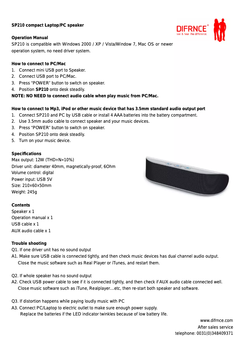 Page 1 de la notice Manuel utilisateur Difrnce SP210