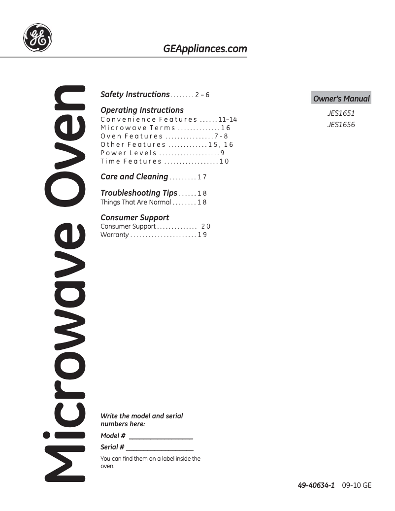 Page 1 of the manual User Manual GE JES1651