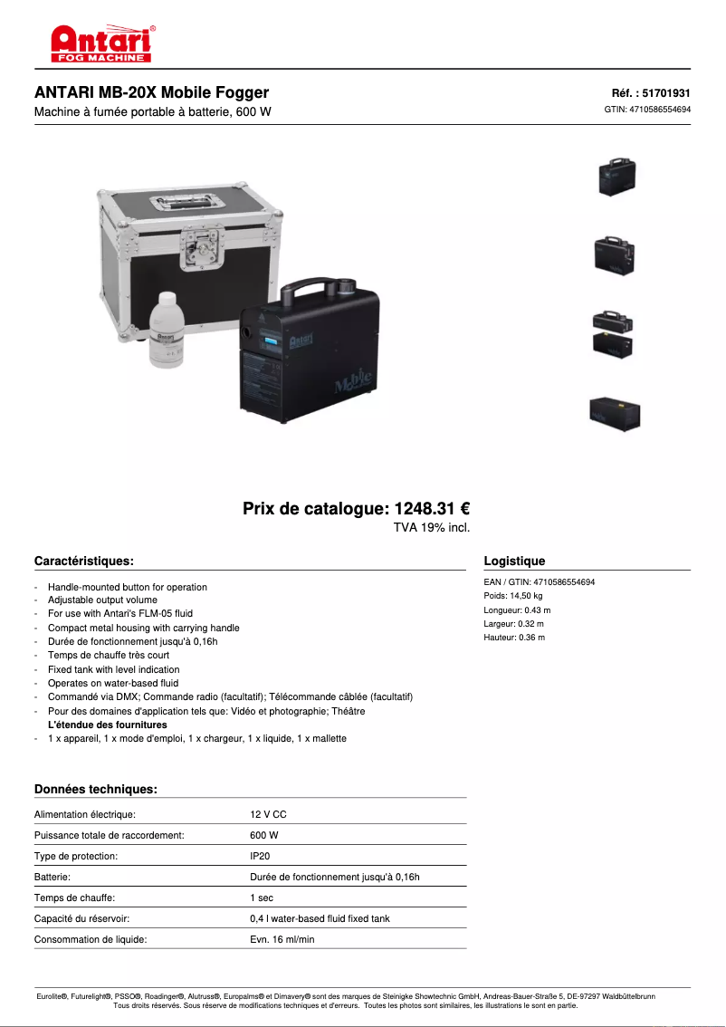 Page 1 of the manual Technical Sheet Antari MB-20X