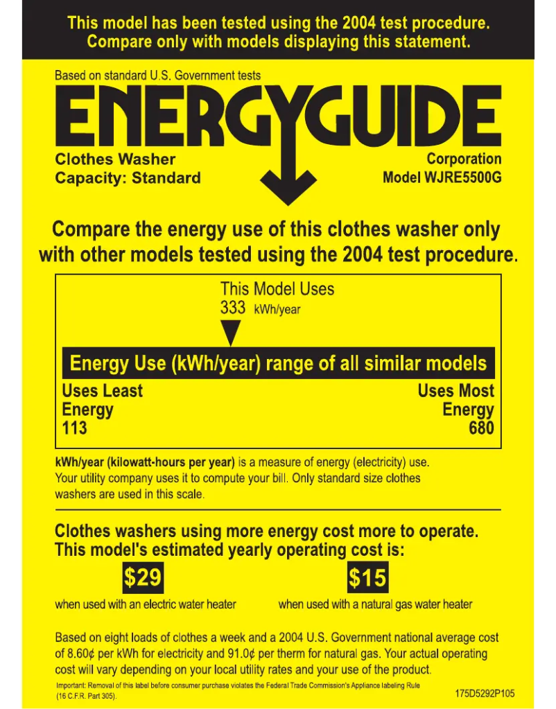 Page 1 of the manual Energy Label GE WJRE5500GWW