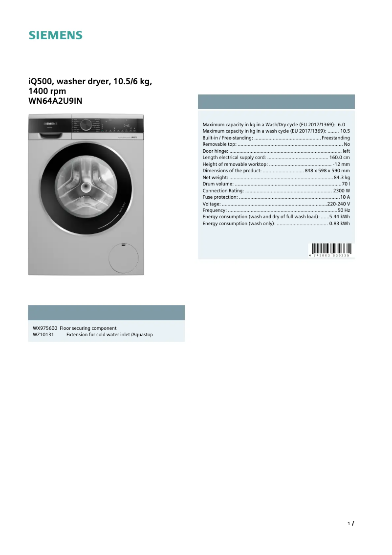 Page 1 of the manual User Manual Siemens WN64A2U9IN