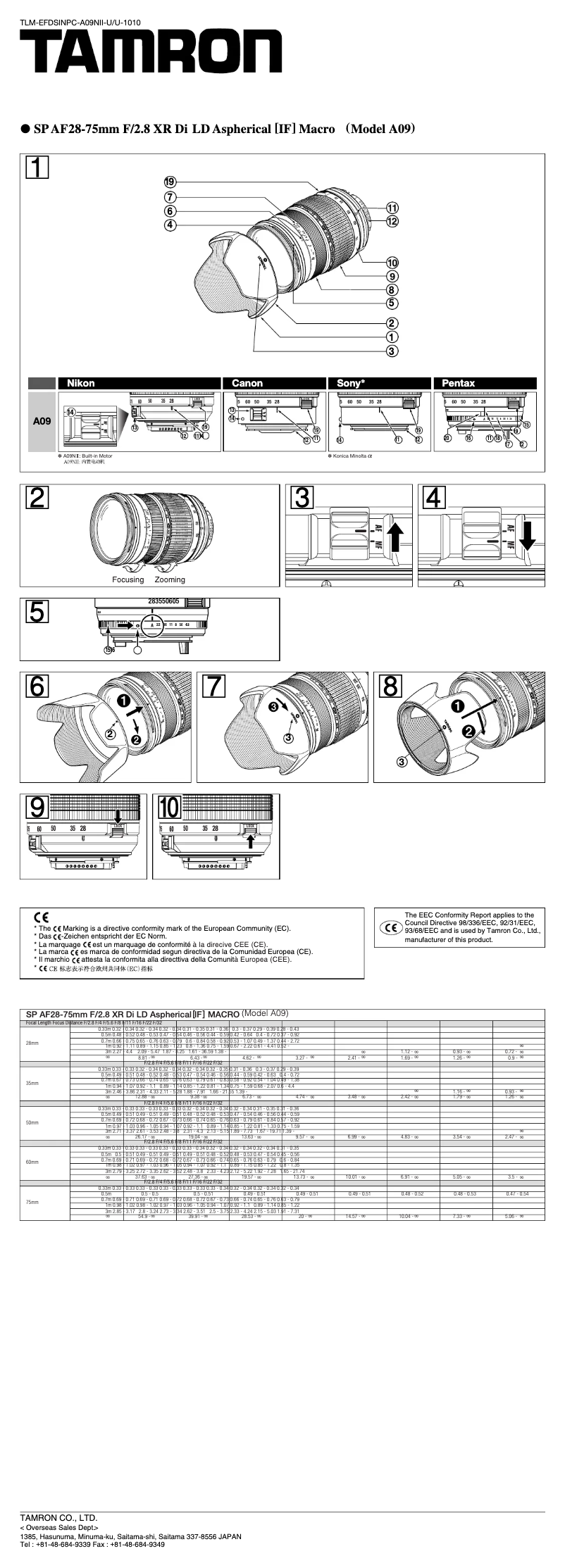 First page image of the manual for SP AF28-75mm F/2.8 XR Di LD Aspherical [IF] MACRO