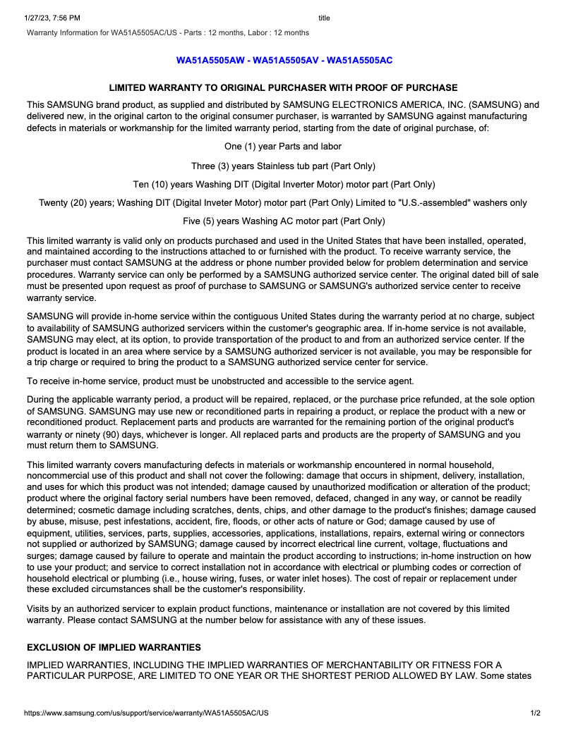 Page 1 of the manual Warranty Information Samsung WA51A5505AC