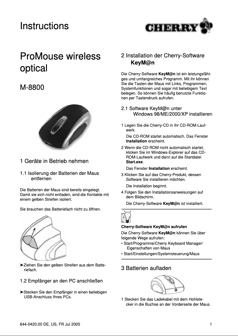Page 1 of the manual User Manual Cherry ProMouse M-8800