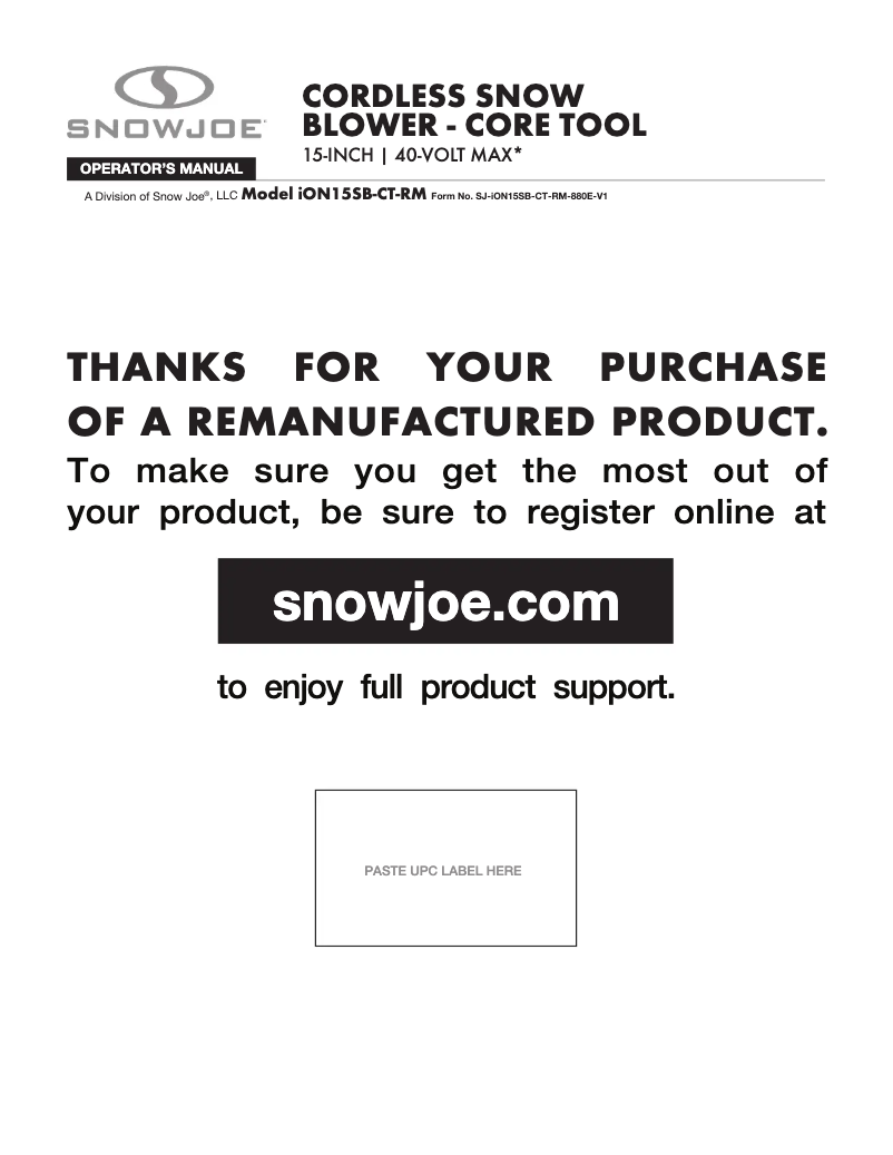 Page 1 of the manual User Manual Snow Joe ION15SB-CT-RM