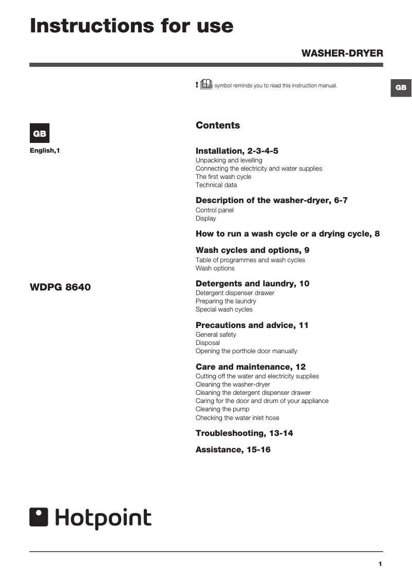 First page image of the manual for WDPG 8640X