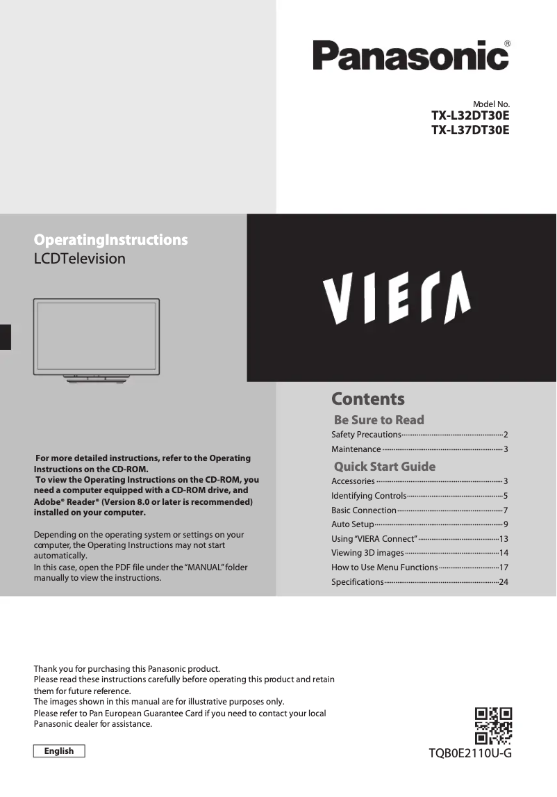 First page image of the manual for Viera TX-L32DT30E