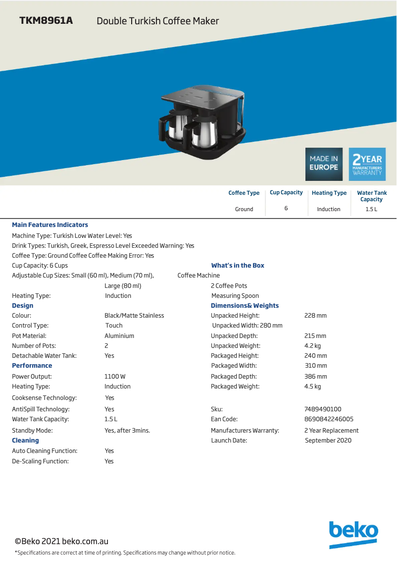 Page 1 of the manual Technical Sheet Beko TKM 8961 A