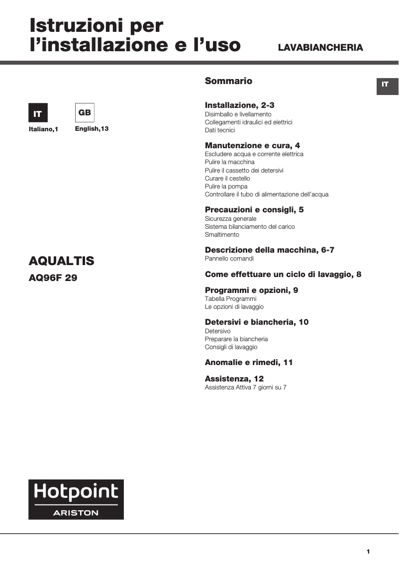 Page 1 of the manual User Manual Hotpoint Ariston AQ96F 29 IT