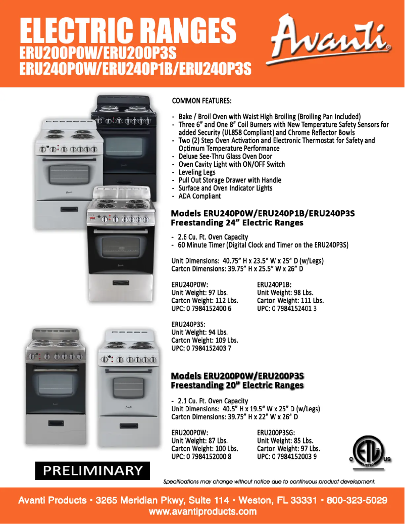 Page 1 of the manual Technical Sheet Avanti ERU200P3S