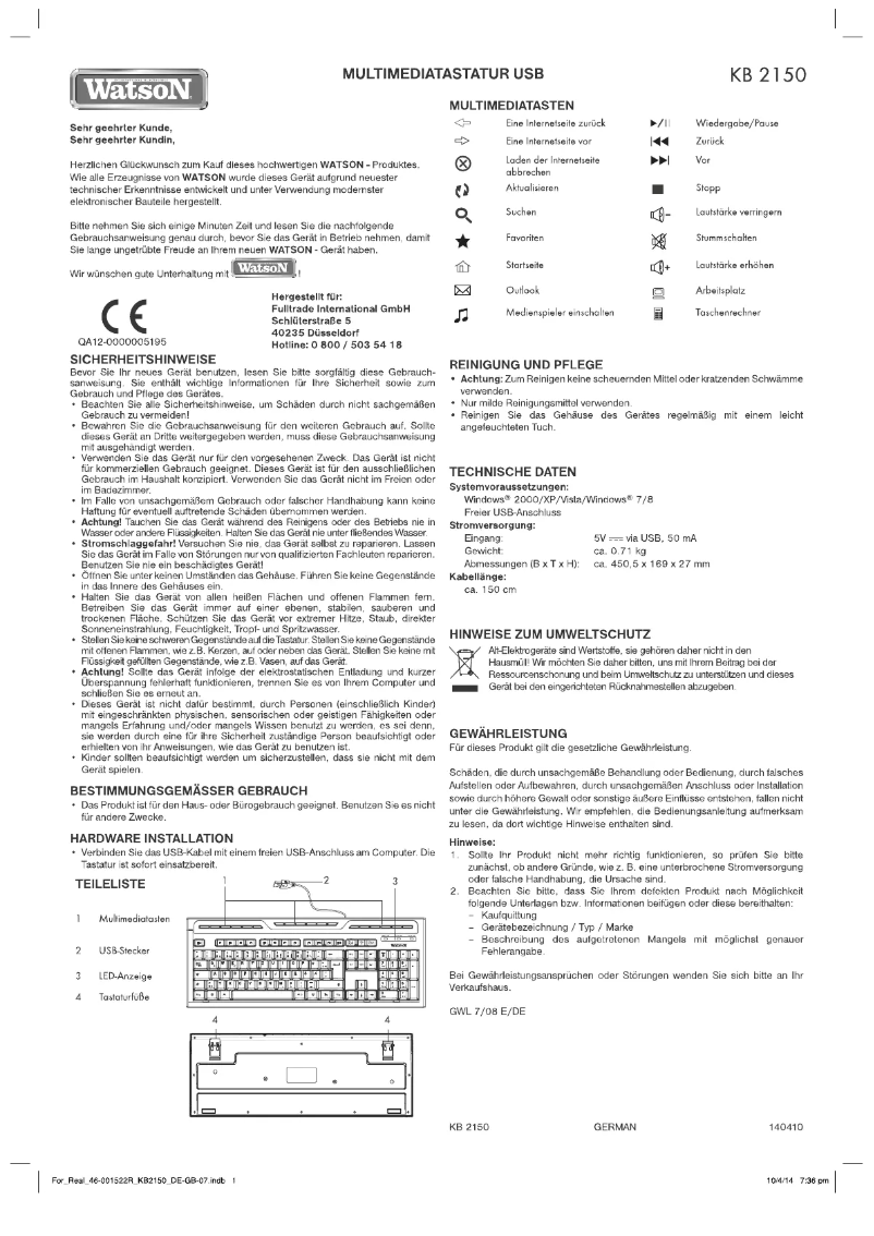 First page image of the manual for KB 2150