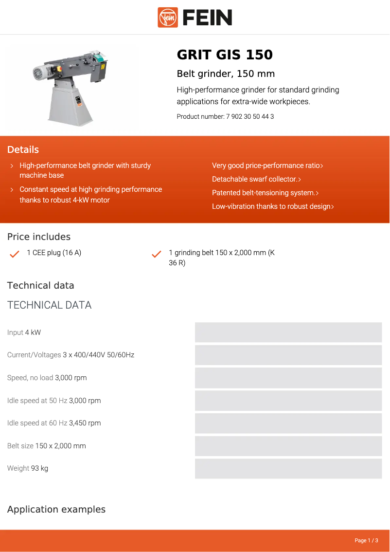 Page 1 of the manual Technical Sheet Fein GRIT GIS 150