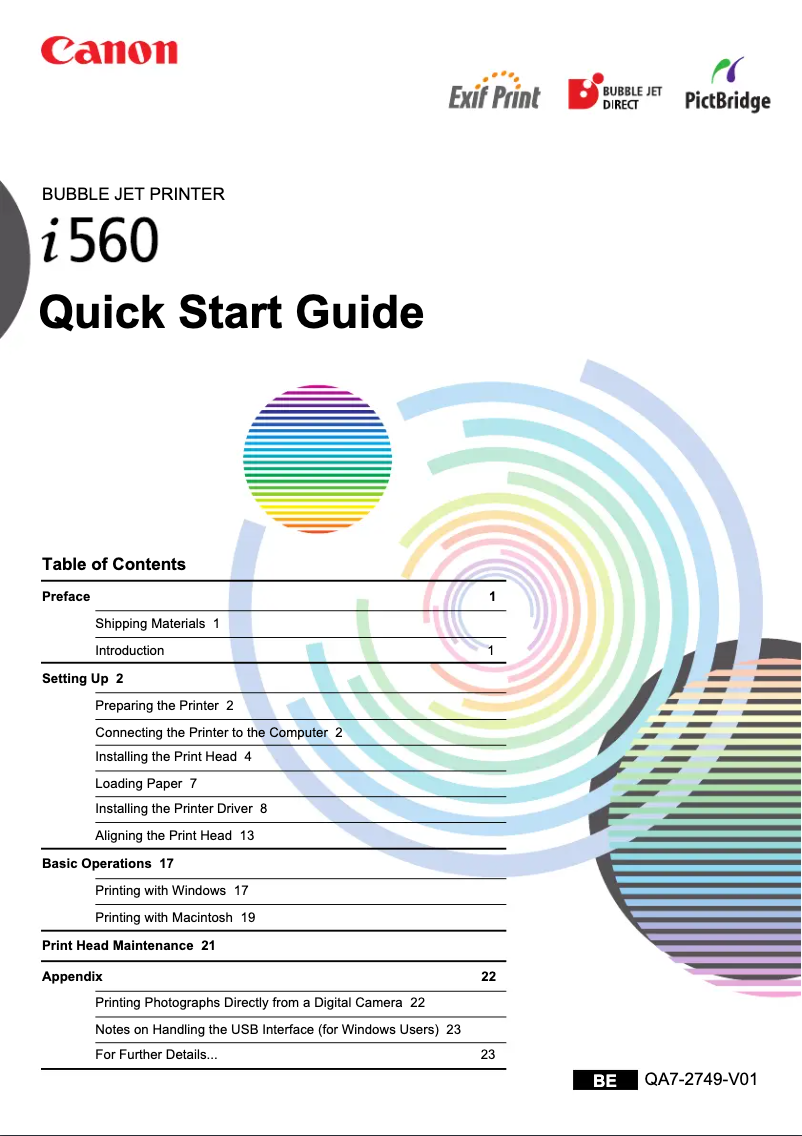 Page 1 of the manual Quick Start Guide Canon Bubble Jet i560