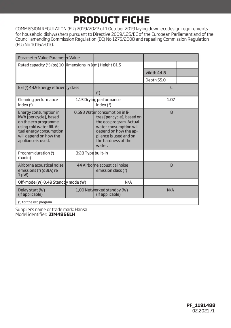 Page 1 of the manual Technical Sheet Hansa ZIM486ELH