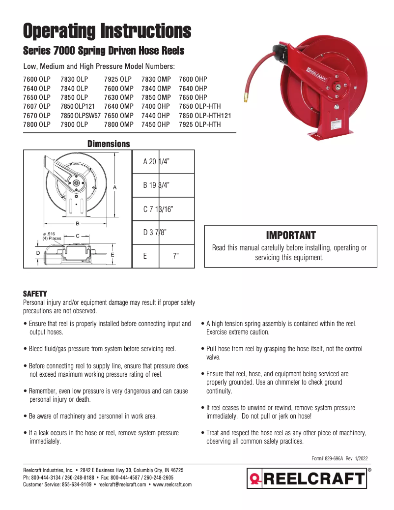 Page 1 of the manual User Manual Reelcraft 7800 OLP