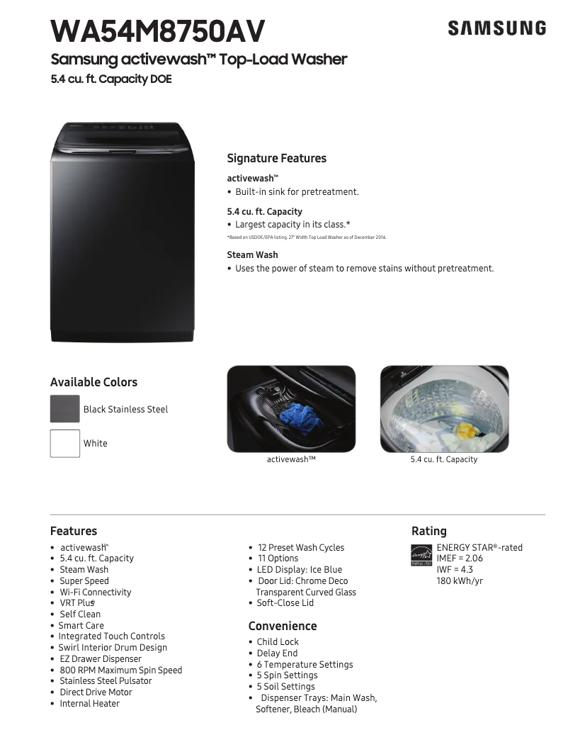 Page 1 of the manual Technical Sheet Samsung WA54M8750A